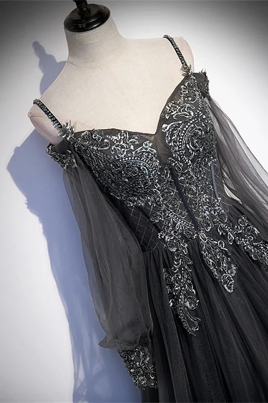 Dress Grey Tulle A-line Applique Long Formal Dress With Long Sleeves Maxi Dress Prom Dress
