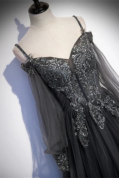 Dress Grey Tulle A-line Applique Long Formal Dress With Long Sleeves Maxi Dress Prom Dress