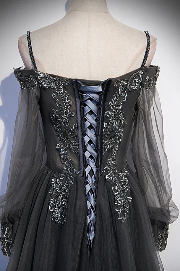Dress Grey Tulle A-line Applique Long Formal Dress With Long Sleeves Maxi Dress Prom Dress