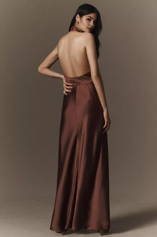 Dress Halter-Neck Satin Maxi Dress Chocolate Open Back Sleeveless Column Prom Dress