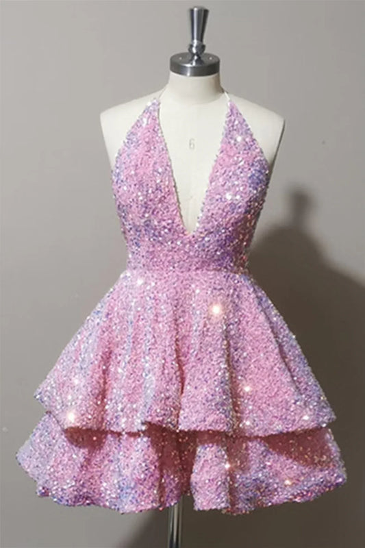 Dress Halter Backless V Neck Pink Tiered Sequin Short Homecoming Dress