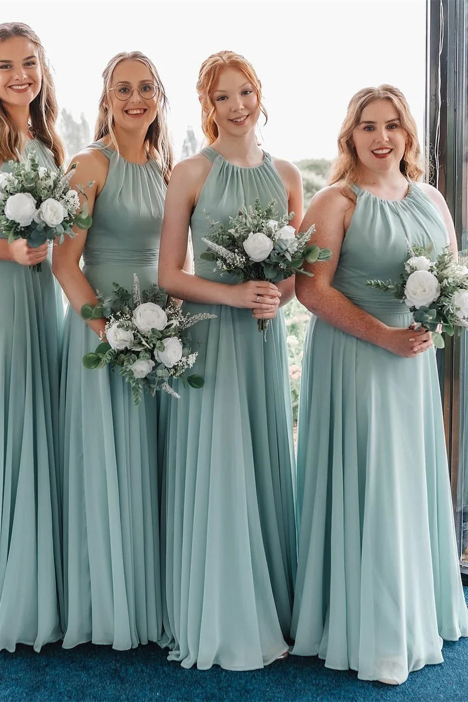 Dress Halter Blue Chiffon A-line Long Bridesmaid Dress Formal Wear Dresses