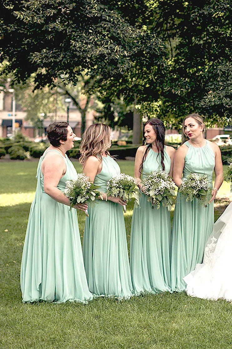 Dress Halter Blue Chiffon A-line Long Bridesmaid Dress Formal Wear Dresses