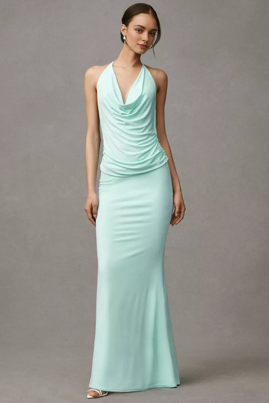 Dress Halter Cowl-Neck Mermaid Ruched Maxi Dress Open Back Sky Blue Prom Dress