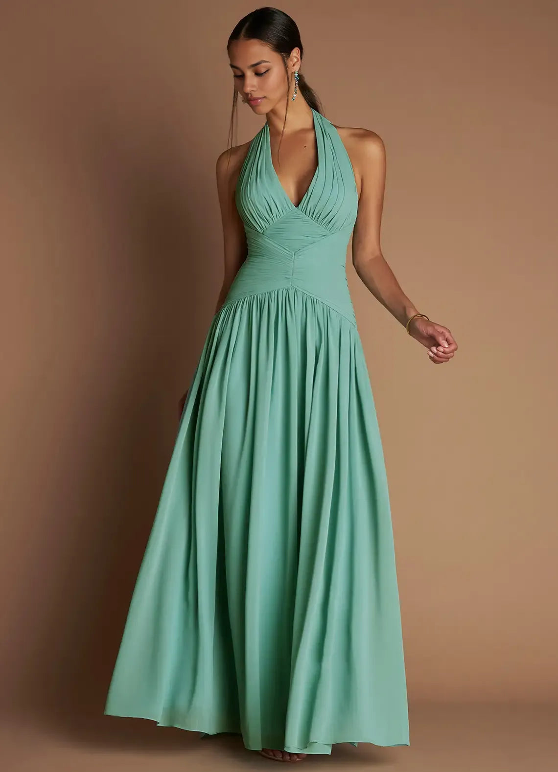 Dress Halter Elegant Chiffon Maxi Dress Sleeveless A-line Pleated Prom Dress With Flutter Scarf