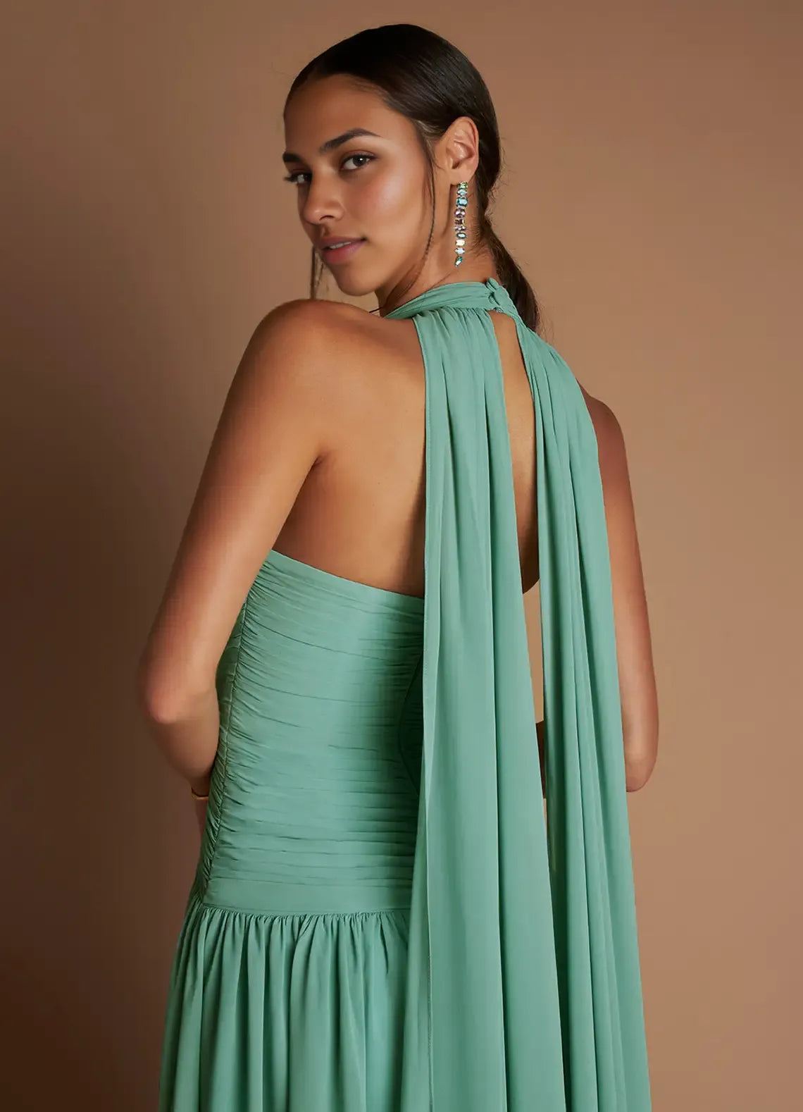 Dress Halter Elegant Chiffon Maxi Dress Sleeveless A-line Pleated Prom Dress With Flutter Scarf