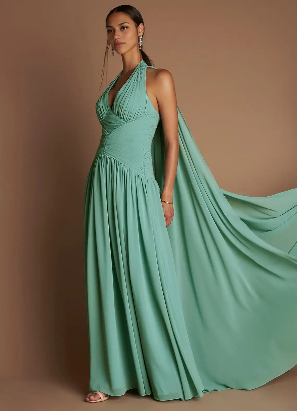 Dress Halter Elegant Chiffon Maxi Dress Sleeveless A-line Pleated Prom Dress With Flutter Scarf