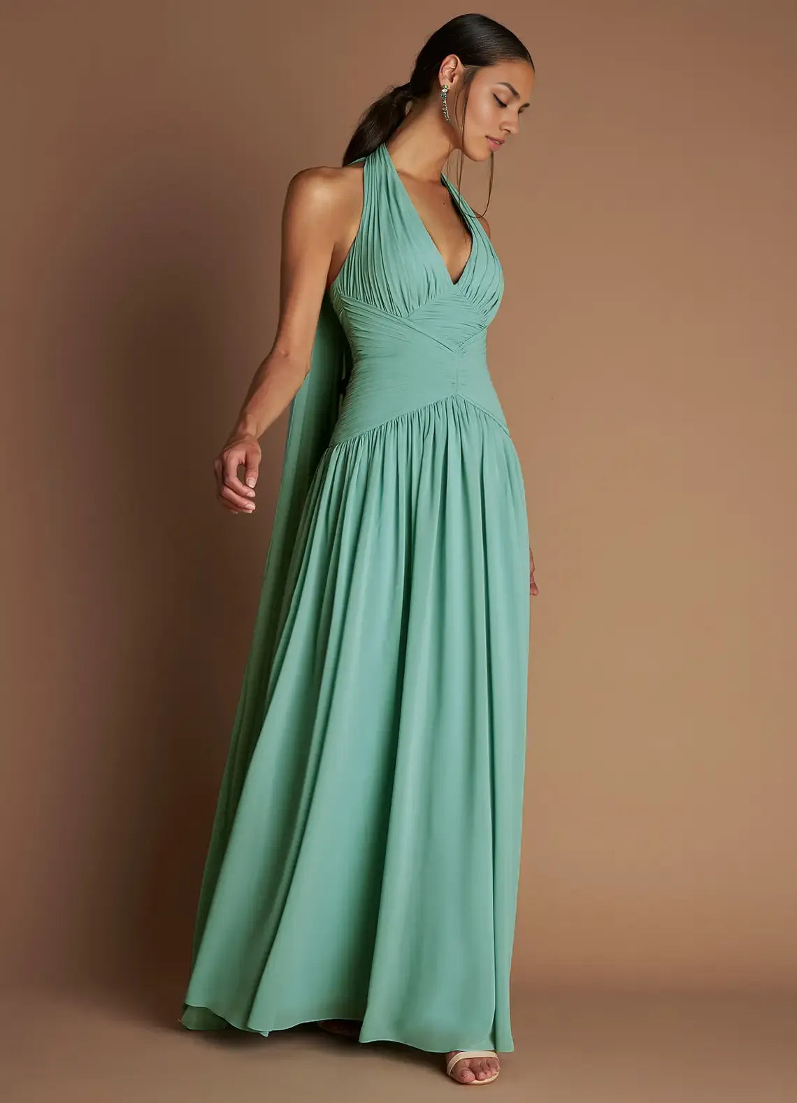 Dress Halter Elegant Chiffon Maxi Dress Sleeveless A-line Pleated Prom Dress With Flutter Scarf