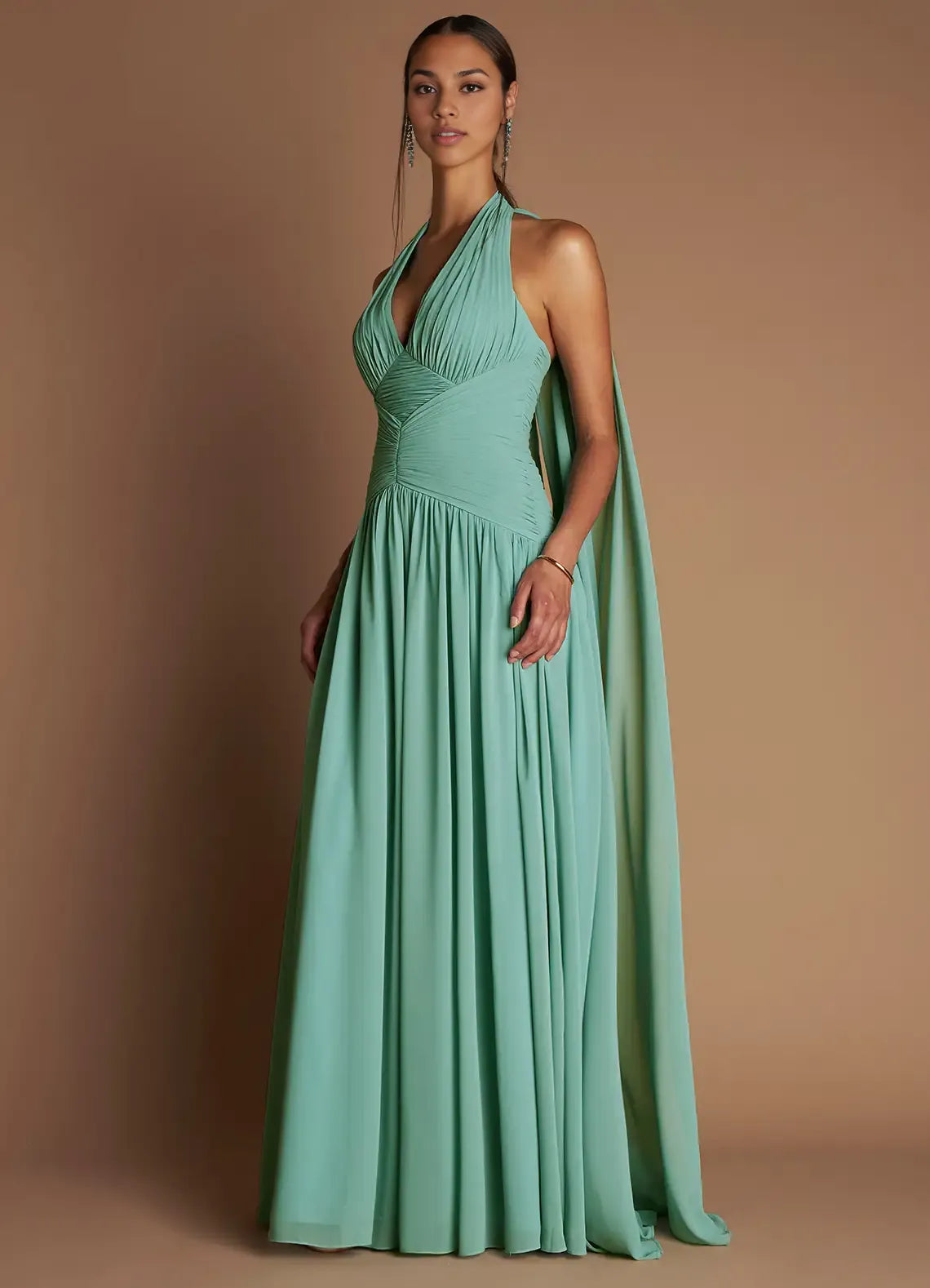 Dress Halter Elegant Chiffon Maxi Dress Sleeveless A-line Pleated Prom Dress With Flutter Scarf