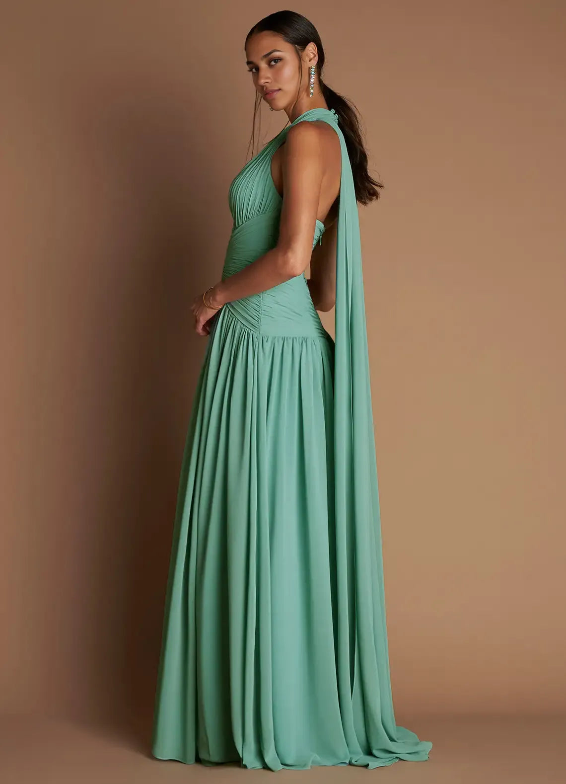 Dress Halter Elegant Chiffon Maxi Dress Sleeveless A-line Pleated Prom Dress With Flutter Scarf