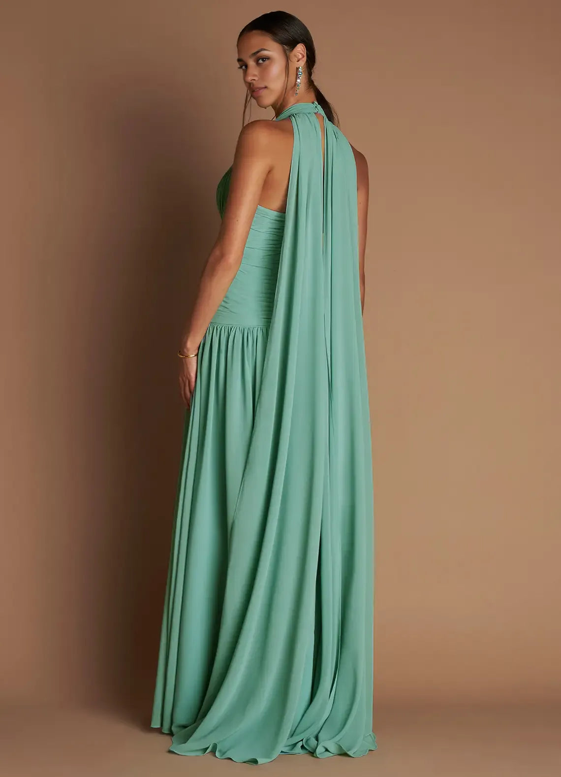 Dress Halter Elegant Chiffon Maxi Dress Sleeveless A-line Pleated Prom Dress With Flutter Scarf