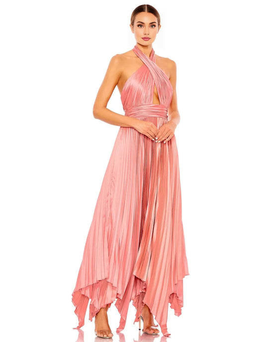 Dress Halter Formal Dress Satin Backless Elegant Ruched/Pleats Ankle-Length Prom Dress
