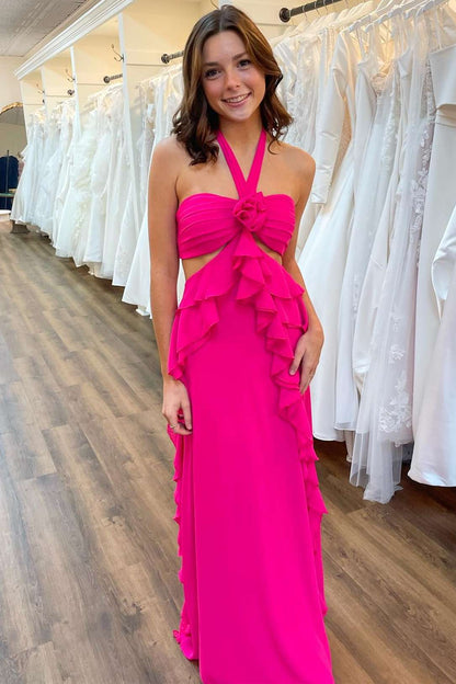 Dress Halter Magenta Cut Out Ruffle Long Formal Dress