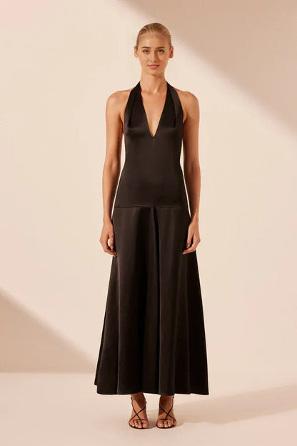 Dress Halter Open Back V Neck A-line Maxi Dress Black Floor Length Party Dress Evening Dress