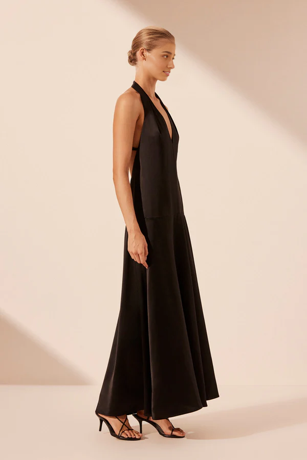 Dress Halter Open Back V Neck A-line Maxi Dress Black Floor Length Party Dress Evening Dress