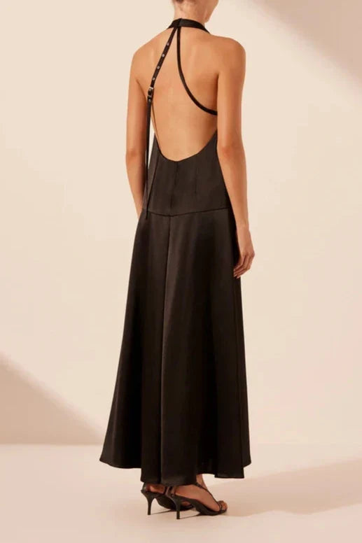 Dress Halter Open Back V Neck A-line Maxi Dress Black Floor Length Party Dress Evening Dress