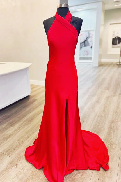 Dress Halter Red Satin Fitted Party Dress With Slit Backless Prom Dress