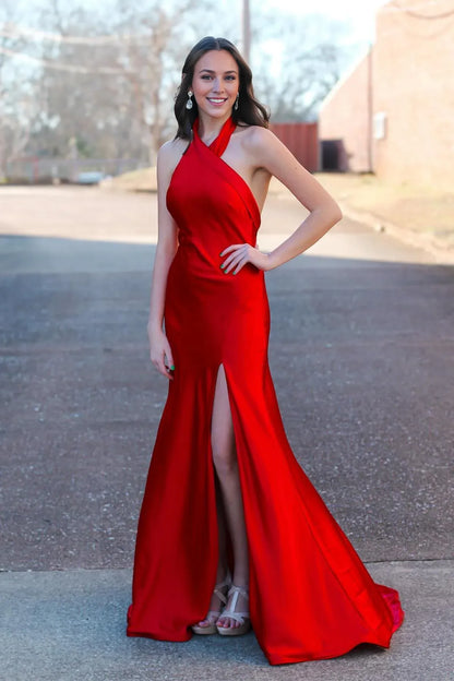 Dress Halter Red Satin Fitted Party Dress With Slit Backless Prom Dress