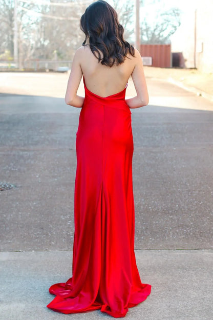 Dress Halter Red Satin Fitted Party Dress With Slit Backless Prom Dress