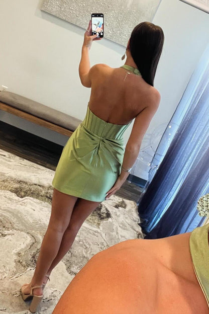 Dress Halter Sage Green Ruched Tight Mini Cocktail Dress Sleeveless Open Back Homecoming Dress