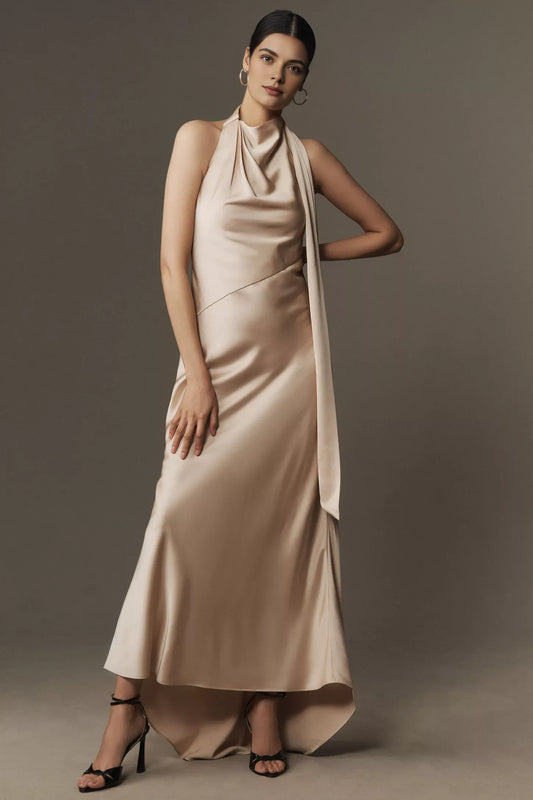 Dress Halter Satin Sleeveless Prom Dress Cream Minimalist Maxi Dress Open Back