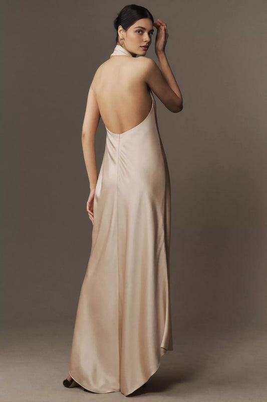 Dress Halter Satin Sleeveless Prom Dress Cream Minimalist Maxi Dress Open Back