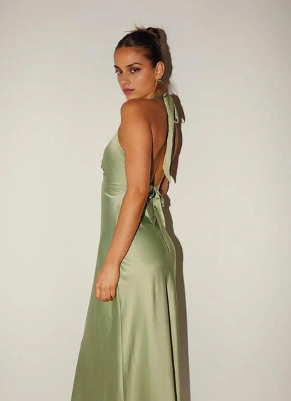 Dress Halter V Neck Sleeveless Chic Sexy Backless Floor-Length Sheath Prom Dress
