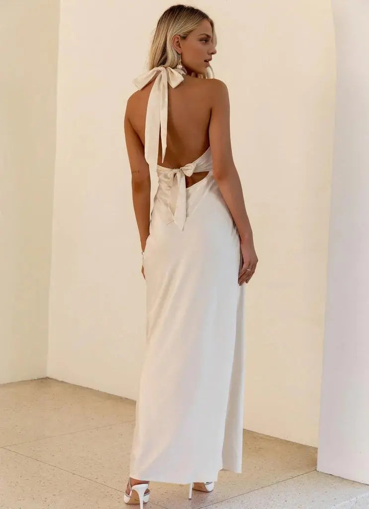 Dress Halter V Neck Sleeveless Chic Sexy Backless Floor-Length Sheath Prom Dress