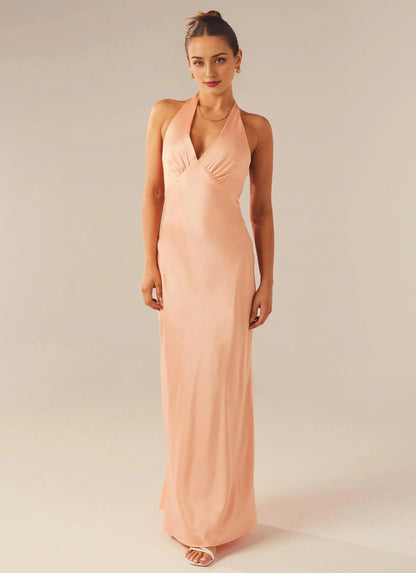 Dress Halter V Neck Sleeveless Chic Sexy Backless Floor-Length Sheath Prom Dress
