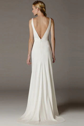 Dress High-Low V-Neck Ruched Draped Chiffon Bride Dress With Brush Train And V Back Wedding Dress