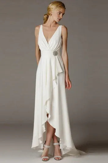 Dress High-Low V-Neck Ruched Draped Chiffon Bride Dress With Brush Train And V Back Wedding Dress