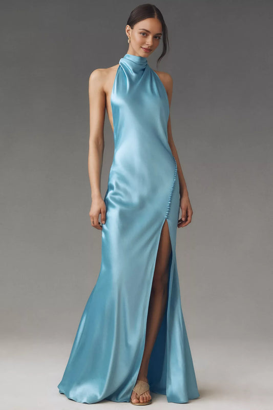 Dress High-Neck Backless Satin Sleeveless Prom Dress Sky Blue Simple Maxi Dress With Side Slit