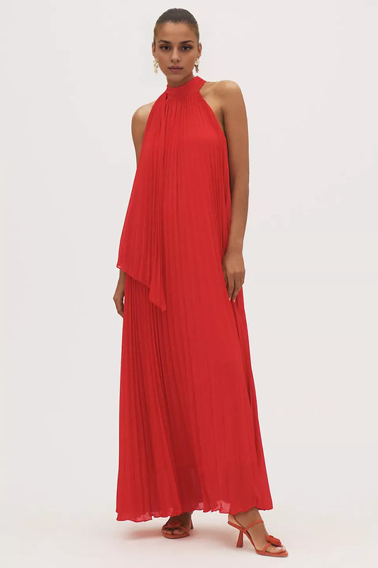 Dress High-Neck Pleated Chiffon Maxi Dress Sleeveless A-line Elegant Pleats Prom Dress