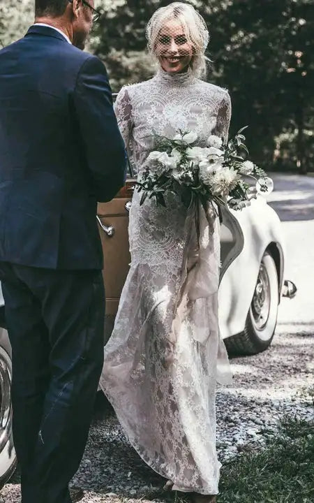 Dress High-neck Sheer Lace Backless Long Sleeve Bride Dress With Sweep Train Wedding Dress