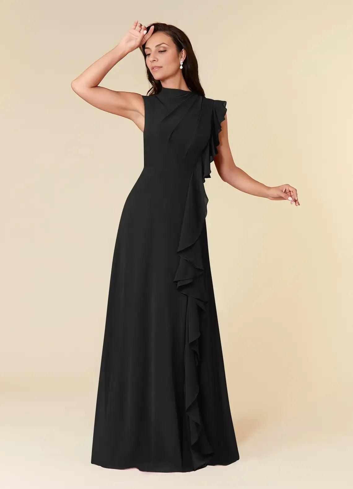 Dress Black High Neck Pleated Chiffon A-Line Plus Size Mother Of The Bride Evening Dress Classic Sleeveless Cascading Ruffles Mother Of The Groom Dresses