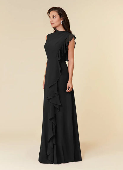 Dress Black High Neck Pleated Chiffon A-Line Plus Size Mother Of The Bride Evening Dress Classic Sleeveless Cascading Ruffles Mother Of The Groom Dresses