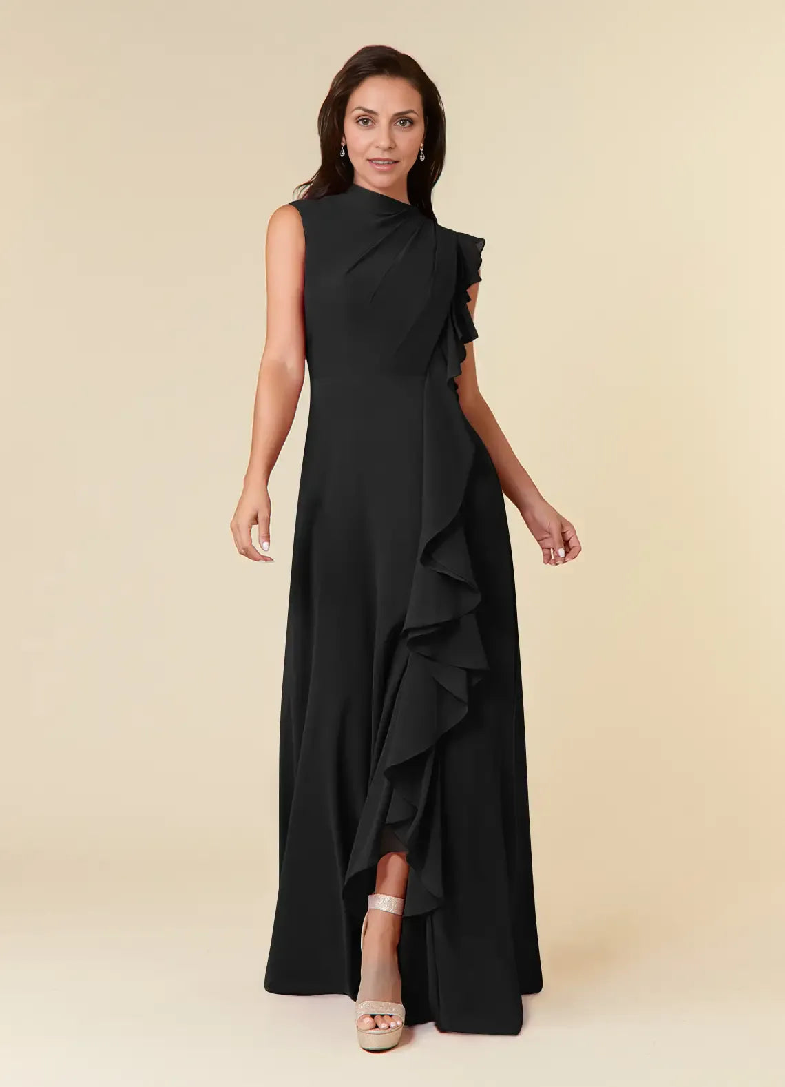 Dress Black High Neck Pleated Chiffon A-Line Plus Size Mother Of The Bride Evening Dress Classic Sleeveless Cascading Ruffles Mother Of The Groom Dresses