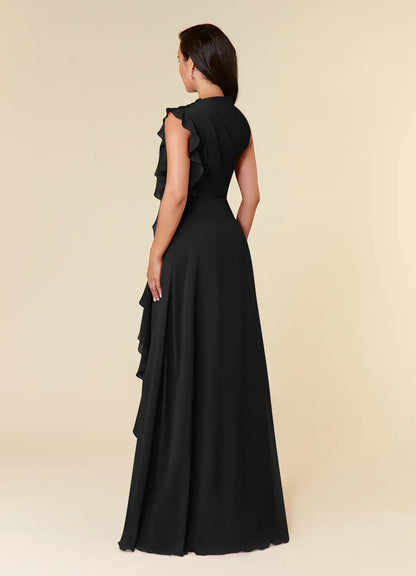 Dress Black High Neck Pleated Chiffon A-Line Plus Size Mother Of The Bride Evening Dress Classic Sleeveless Cascading Ruffles Mother Of The Groom Dresses