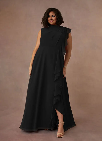 Dress Black High Neck Pleated Chiffon A-Line Plus Size Mother Of The Bride Evening Dress Classic Sleeveless Cascading Ruffles Mother Of The Groom Dresses