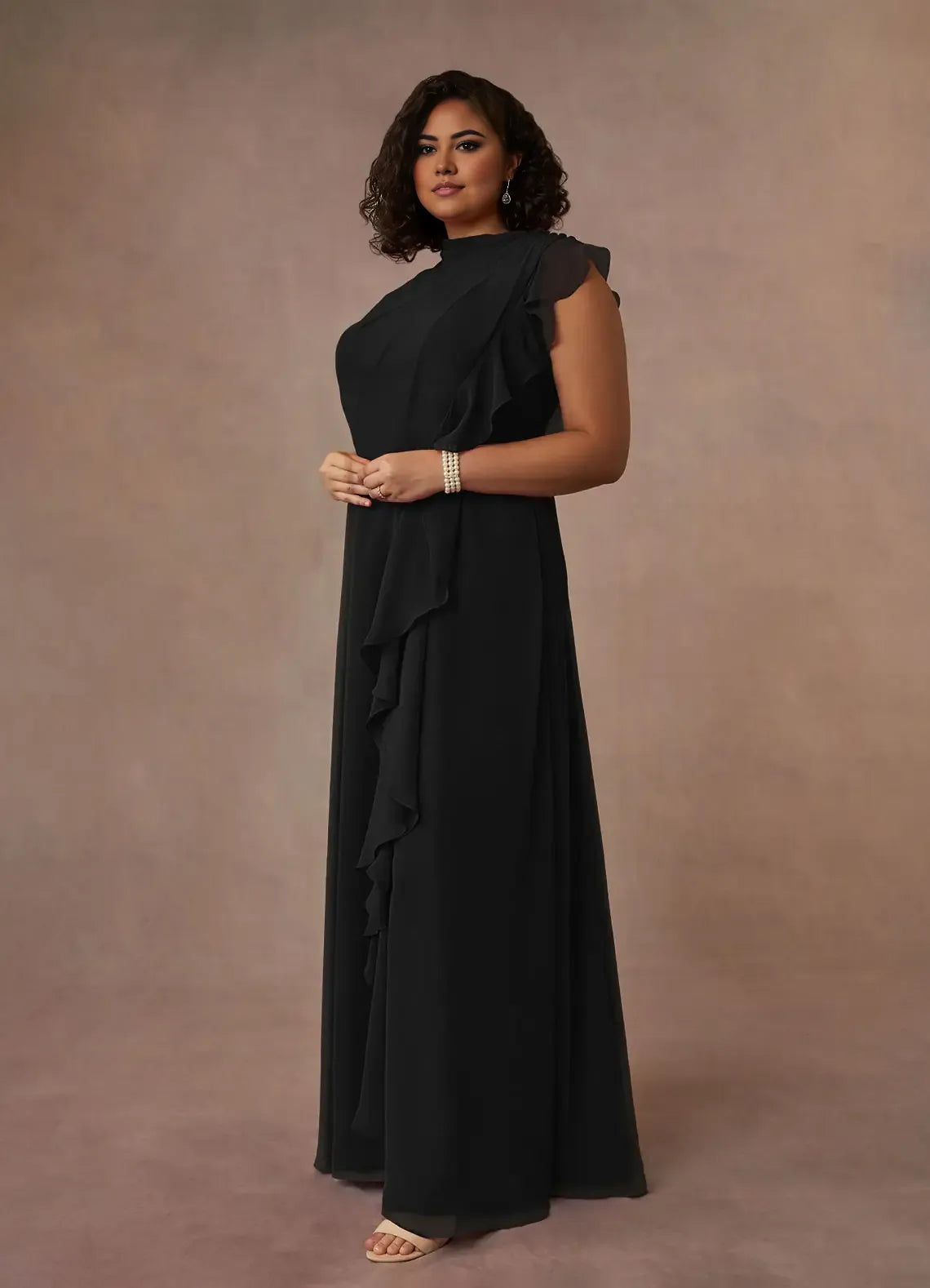 Dress Black High Neck Pleated Chiffon A-Line Plus Size Mother Of The Bride Evening Dress Classic Sleeveless Cascading Ruffles Mother Of The Groom Dresses