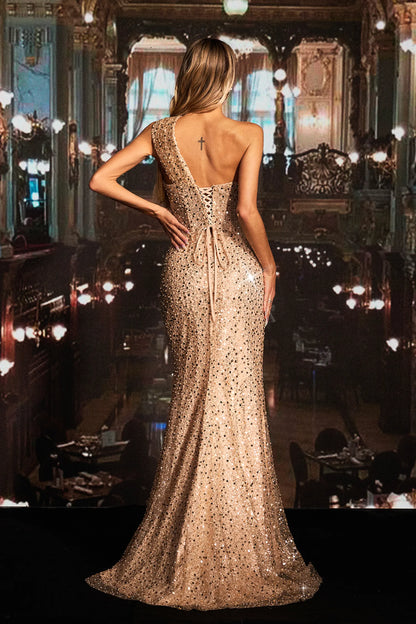 Dress High Slit Sequin Maxi Dress One Shoulder Strapless Corset Mermaid Train Prom Dress