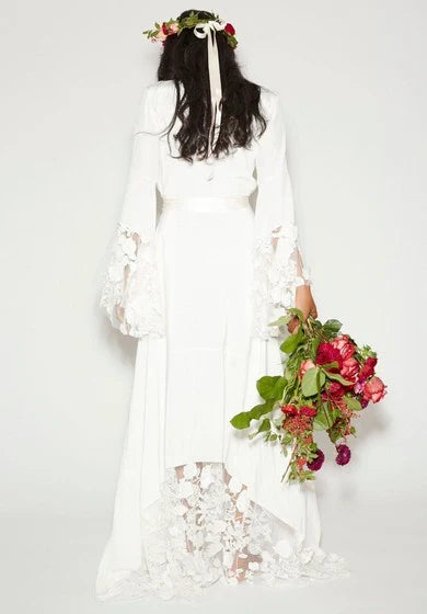 Dress Hippie Boho Flutter Long Sleeve V-Neck Lace Chiffon Vintage Simple Wedding Dress
