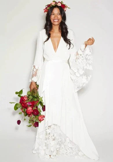 Dress Hippie Boho Flutter Long Sleeve V-Neck Lace Chiffon Vintage Simple Wedding Dress