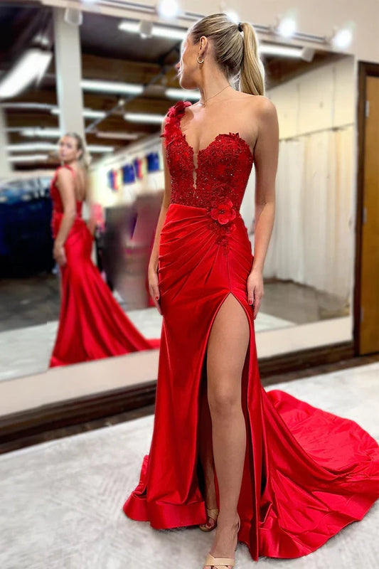 Dress Hot Mermaid One Shoulder Red Sweep Train Sleeveless Prom Dress With Appliques