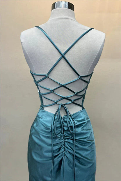 Dress Hot Mermaid Spaghetti Straps Green Long Prom Dress with Criss Cross Back