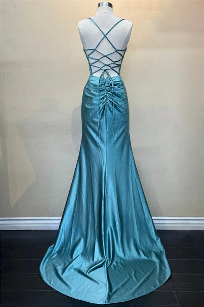 Dress Hot Mermaid Spaghetti Straps Green Long Prom Dress with Criss Cross Back