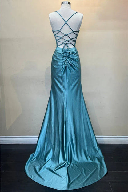 Dress Hot Mermaid Spaghetti Straps Green Long Prom Dress with Criss Cross Back