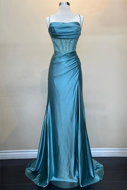 Dress Hot Mermaid Spaghetti Straps Green Long Prom Dress with Criss Cross Back