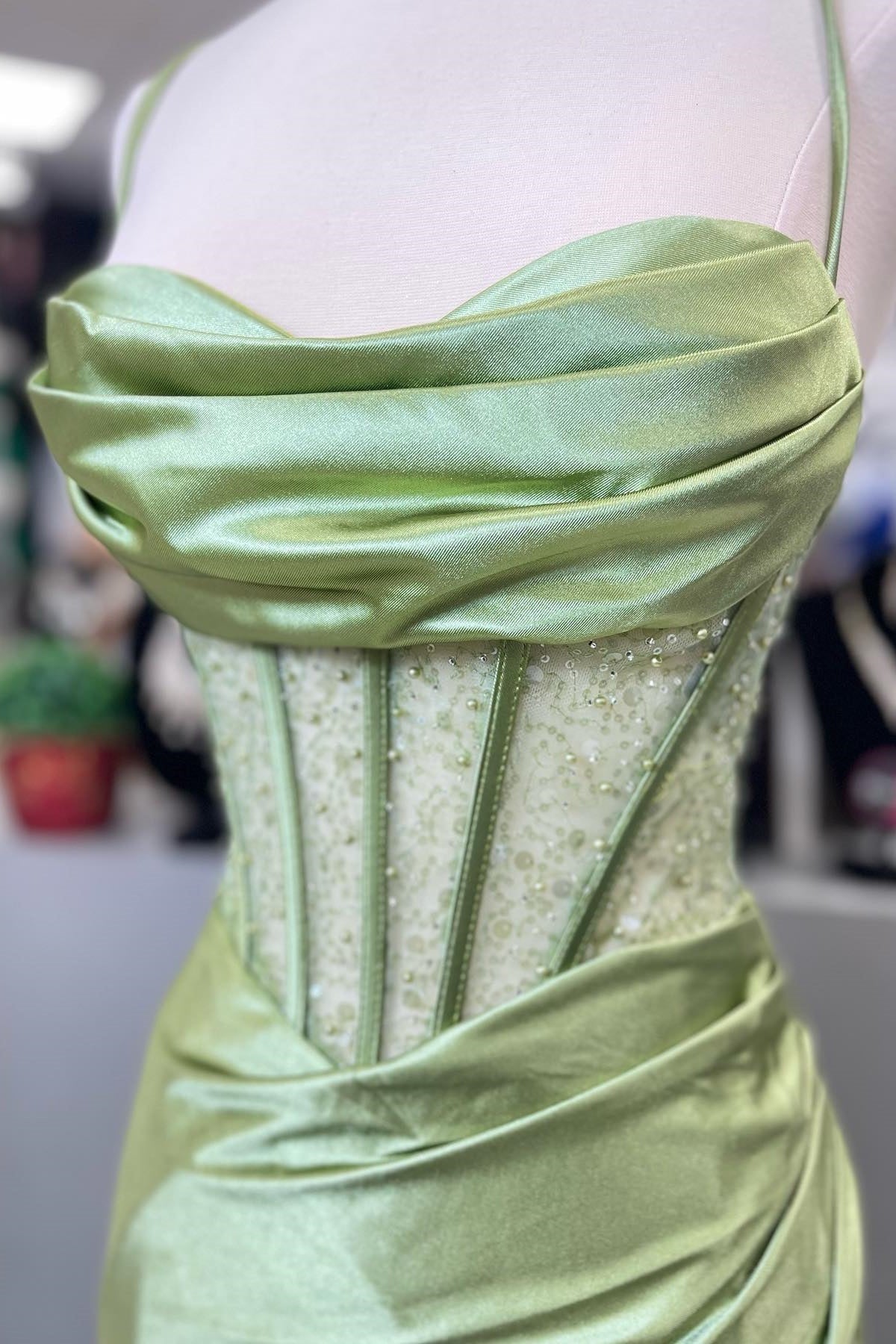 Dress Hot Mermaid Spaghetti Straps Green Long Prom Dress with Criss Cross Back