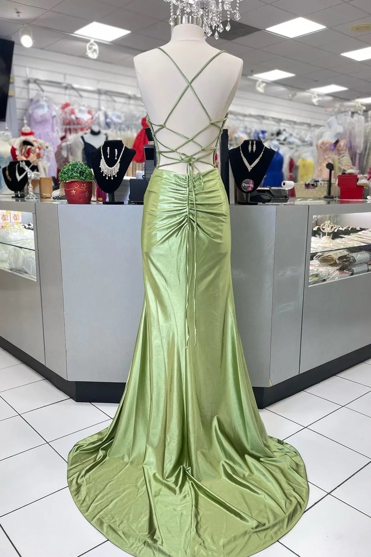 Dress Hot Mermaid Spaghetti Straps Green Long Prom Dress with Criss Cross Back